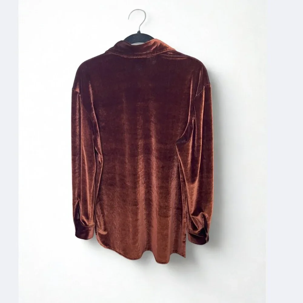 Vintage 90s Velvet Button Down Shirt Brown Oversized Casualaire Size M - Picture 4 of 6